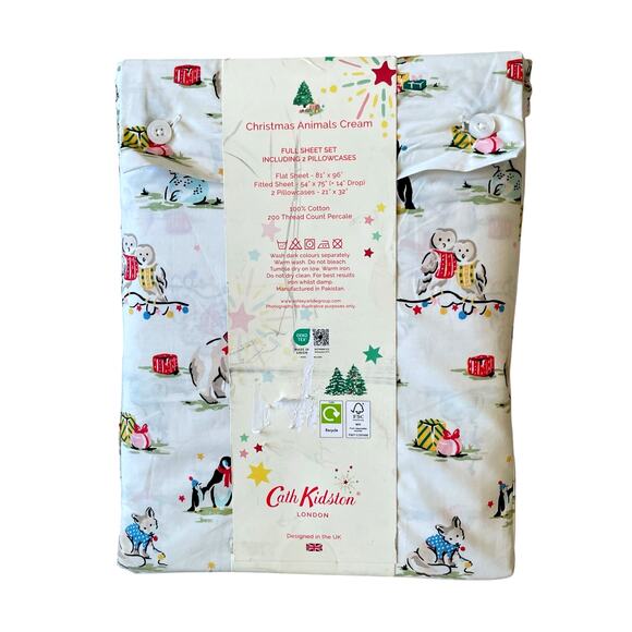 Cath Kidston London 4pc FULL Sheet Set Christmas Animals Cream Cotton NEW - Picture 10 of 15